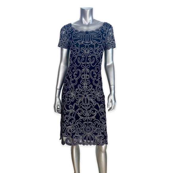 Phase Eight Navy Blue Embroidered Mesh Netting Overlay Scalloped Trim Sheath Dre - Picture 3 of 4